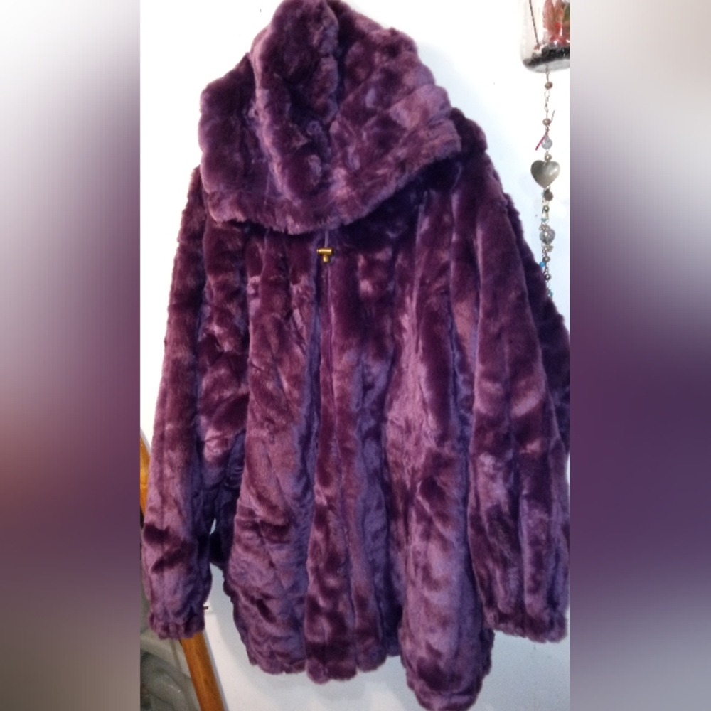 💜 REVERSIBLE ROYAL PURPLE FUR & SILK COAT PLUS SIZE 3X HOODED JACKET